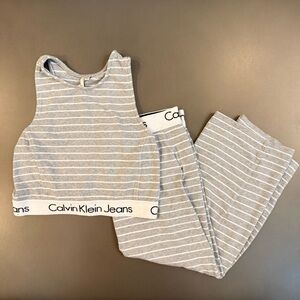 Calvin Klein Gray Striped Lounge Set - Size Small Crop Top, Medium Bottom